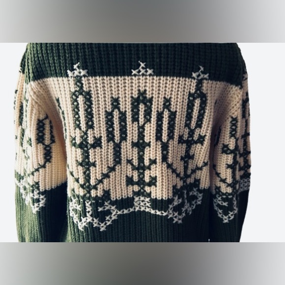 Vintage Groovy Cactus Wool Sweater Green Cream 38 Mens Womens Southwest 60s 70s - Picture 4 of 12
